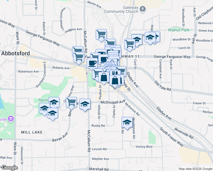 map of restaurants, bars, coffee shops, grocery stores, and more near 2493 Montrose Avenue in Abbotsford