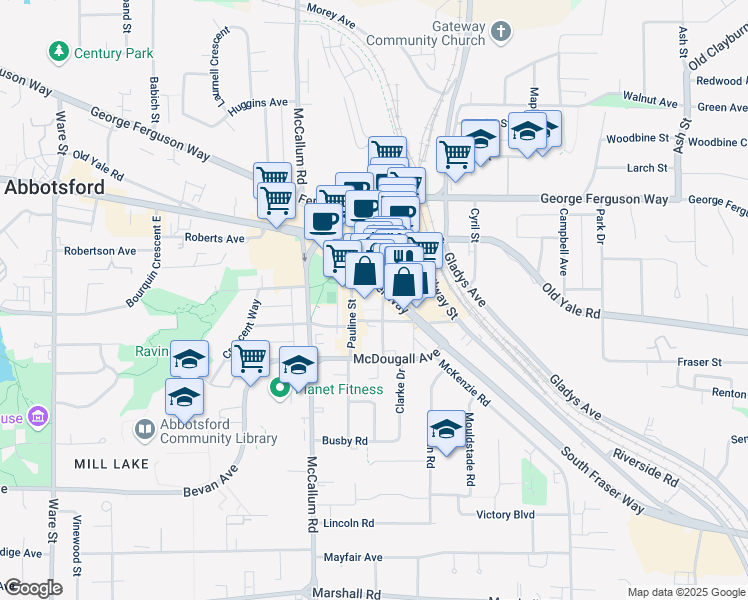 map of restaurants, bars, coffee shops, grocery stores, and more near 2493 Montrose Avenue in Abbotsford