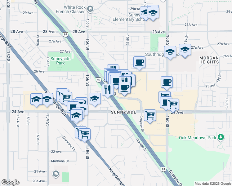 map of restaurants, bars, coffee shops, grocery stores, and more near 2598 Croydon Drive in Surrey
