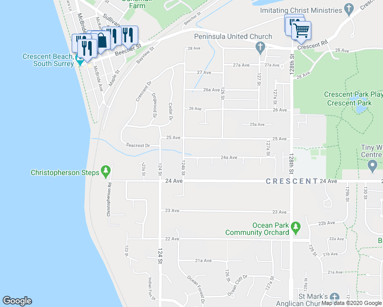 map of restaurants, bars, coffee shops, grocery stores, and more near 12507 24A Avenue in Surrey