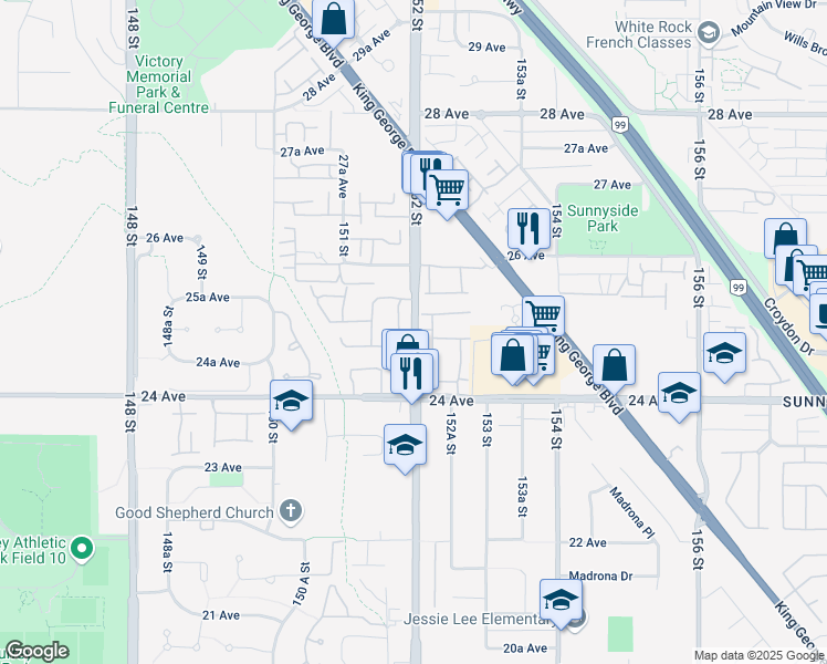 map of restaurants, bars, coffee shops, grocery stores, and more near 2500 152 Street in Surrey