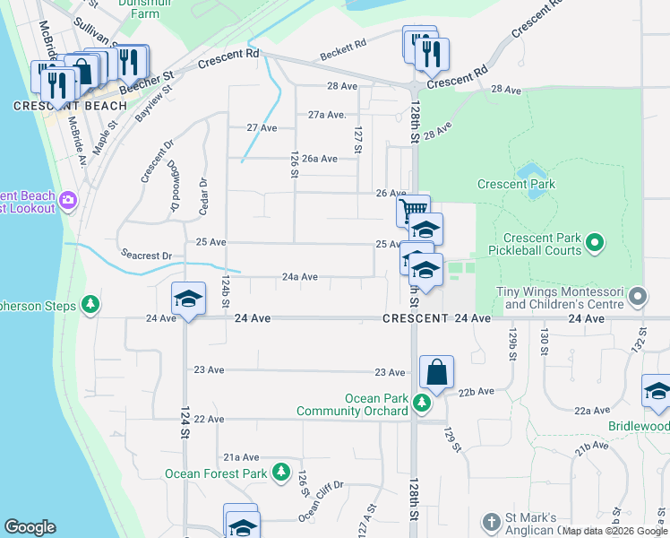 map of restaurants, bars, coffee shops, grocery stores, and more near 12665 24A Avenue in Surrey