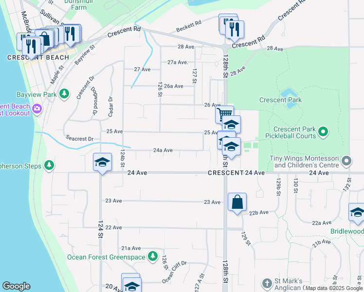 map of restaurants, bars, coffee shops, grocery stores, and more near 12665 24A Avenue in Surrey