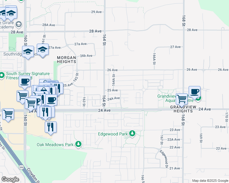 map of restaurants, bars, coffee shops, grocery stores, and more near 16454 25 Avenue in Surrey