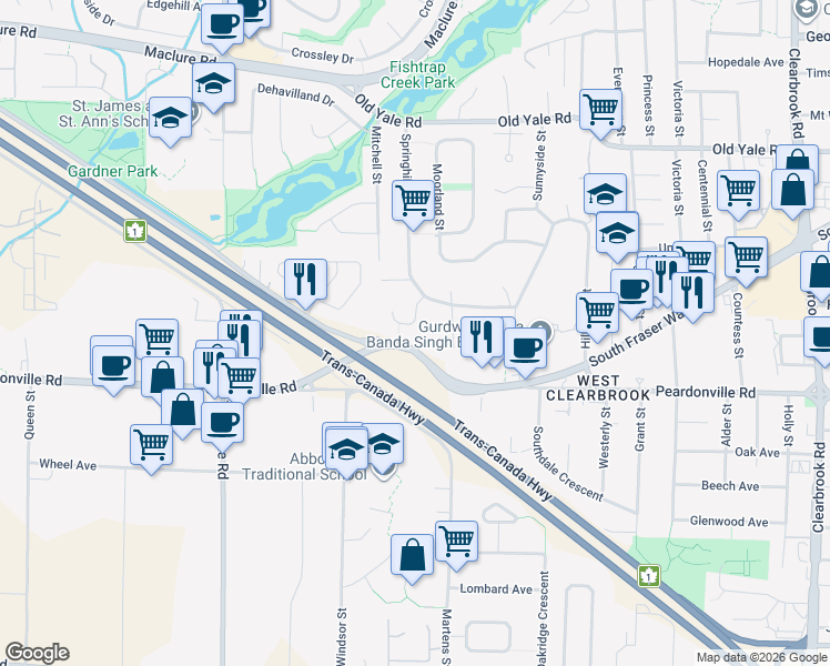 map of restaurants, bars, coffee shops, grocery stores, and more near 31450 Springhill Place in Abbotsford