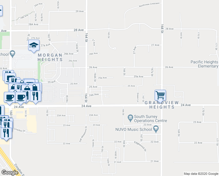 map of restaurants, bars, coffee shops, grocery stores, and more near 16530 25 Avenue in Surrey