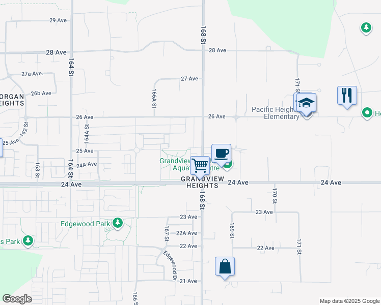 map of restaurants, bars, coffee shops, grocery stores, and more near 16760 25 Avenue in Surrey