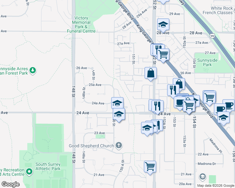 map of restaurants, bars, coffee shops, grocery stores, and more near 15005 Semiahmoo Place in Surrey