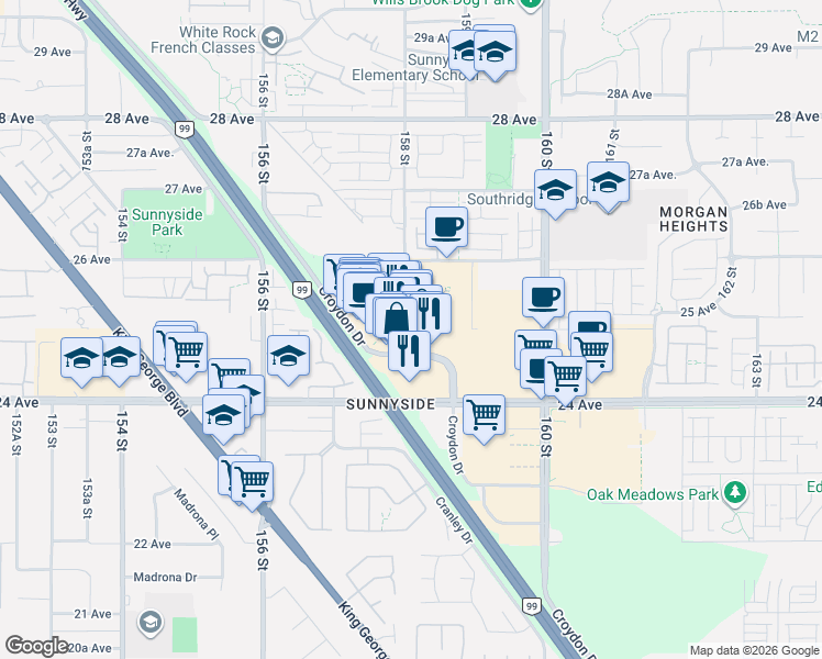 map of restaurants, bars, coffee shops, grocery stores, and more near 15785 Croydon Drive in Surrey