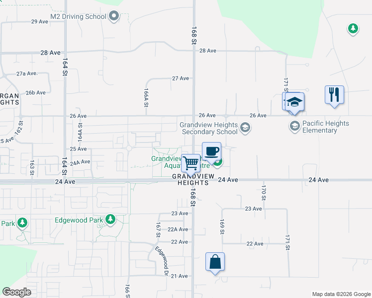 map of restaurants, bars, coffee shops, grocery stores, and more near 16760 25 Avenue in Surrey