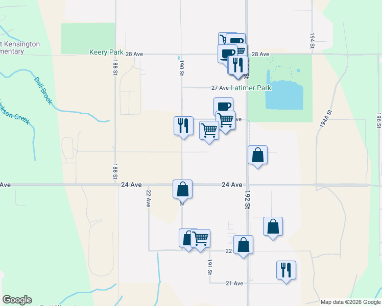 map of restaurants, bars, coffee shops, grocery stores, and more near 25 Avenue in Surrey