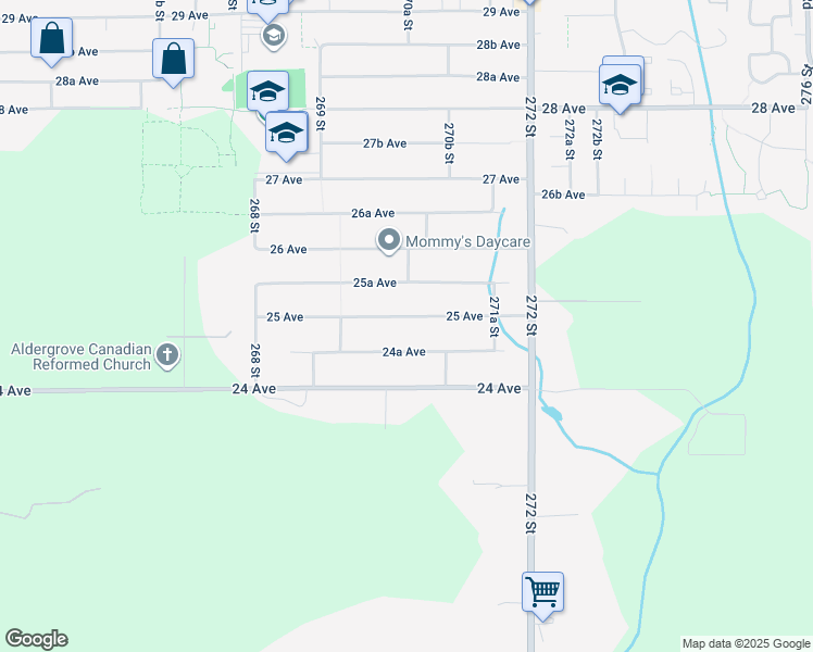 map of restaurants, bars, coffee shops, grocery stores, and more near 27012 25 Avenue in Langley Township