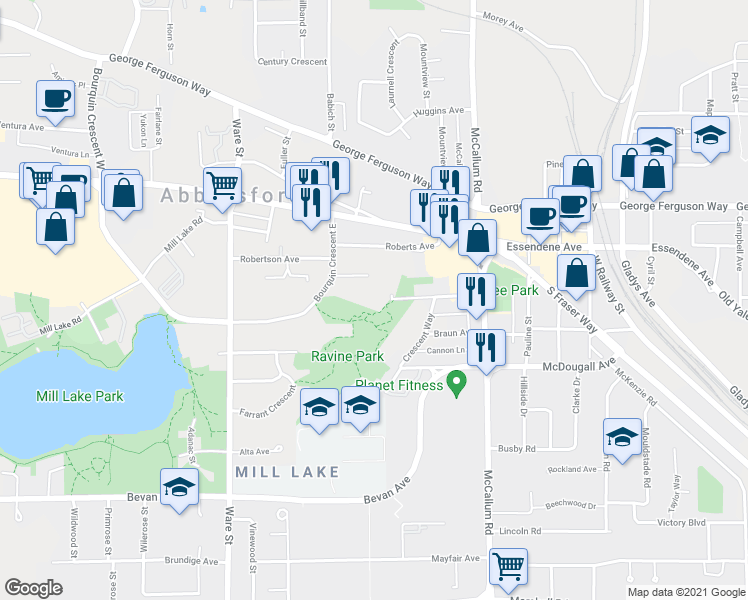 map of restaurants, bars, coffee shops, grocery stores, and more near 33433 Switzer Avenue in Abbotsford