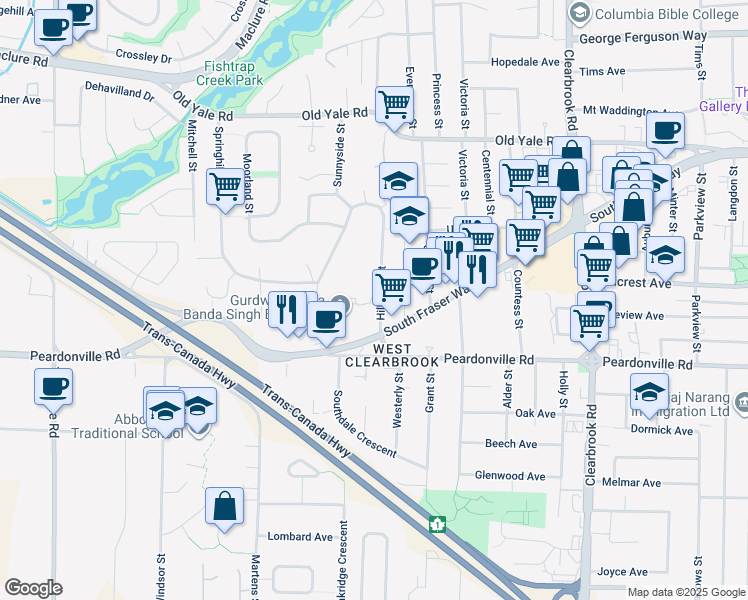 map of restaurants, bars, coffee shops, grocery stores, and more near 2476 Hill Tout Street in Abbotsford