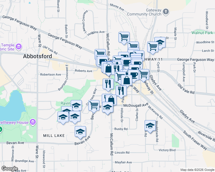 map of restaurants, bars, coffee shops, grocery stores, and more near 2491 McCallum Road in Abbotsford