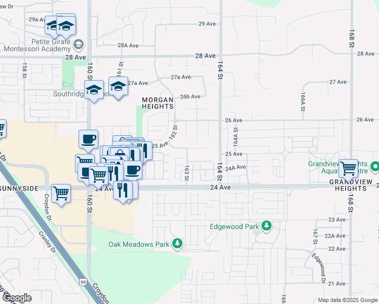 map of restaurants, bars, coffee shops, grocery stores, and more near 16302 25 Avenue in Surrey