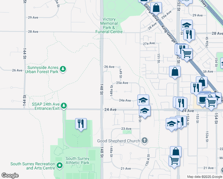 map of restaurants, bars, coffee shops, grocery stores, and more near 13345 25 Avenue in Surrey