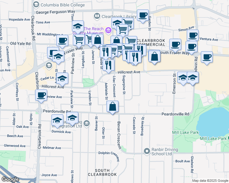 map of restaurants, bars, coffee shops, grocery stores, and more near Lilac Crescent in Abbotsford