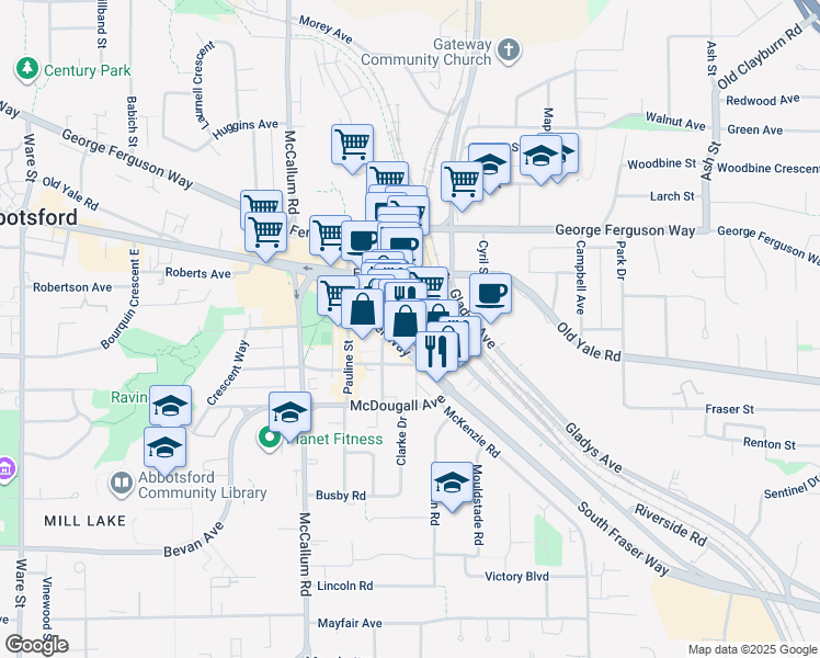 map of restaurants, bars, coffee shops, grocery stores, and more near 33790 South Fraser Way in Abbotsford
