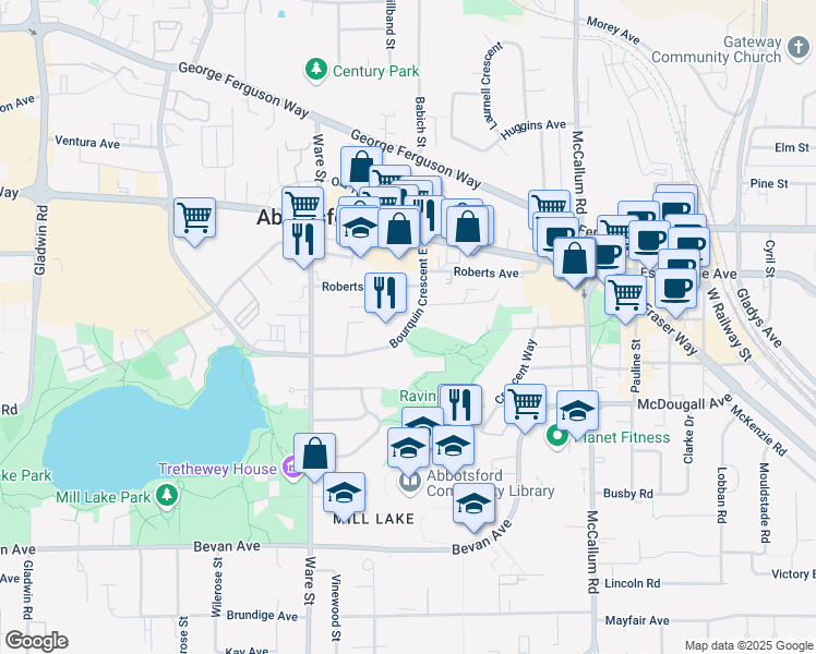 map of restaurants, bars, coffee shops, grocery stores, and more near Bourquin Crescent East in Abbotsford