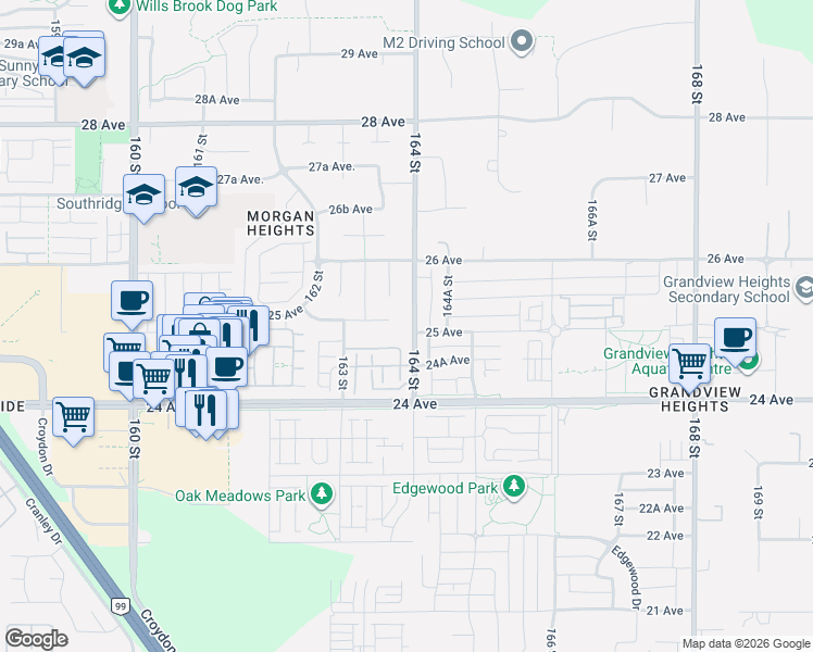 map of restaurants, bars, coffee shops, grocery stores, and more near 2513 164 Street in Surrey