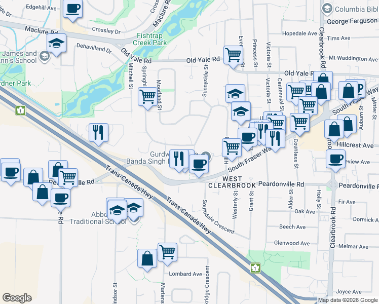 map of restaurants, bars, coffee shops, grocery stores, and more near 2489 Sunnyside Place in Abbotsford