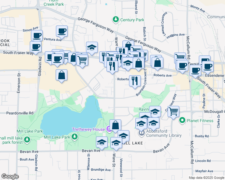 map of restaurants, bars, coffee shops, grocery stores, and more near 2505 Ware Street in Abbotsford