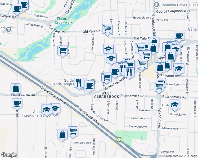 map of restaurants, bars, coffee shops, grocery stores, and more near 2485 Hill Tout Street in Abbotsford