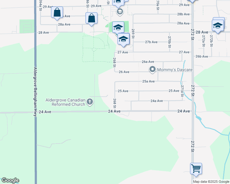 map of restaurants, bars, coffee shops, grocery stores, and more near 2474 268 Street in Langley
