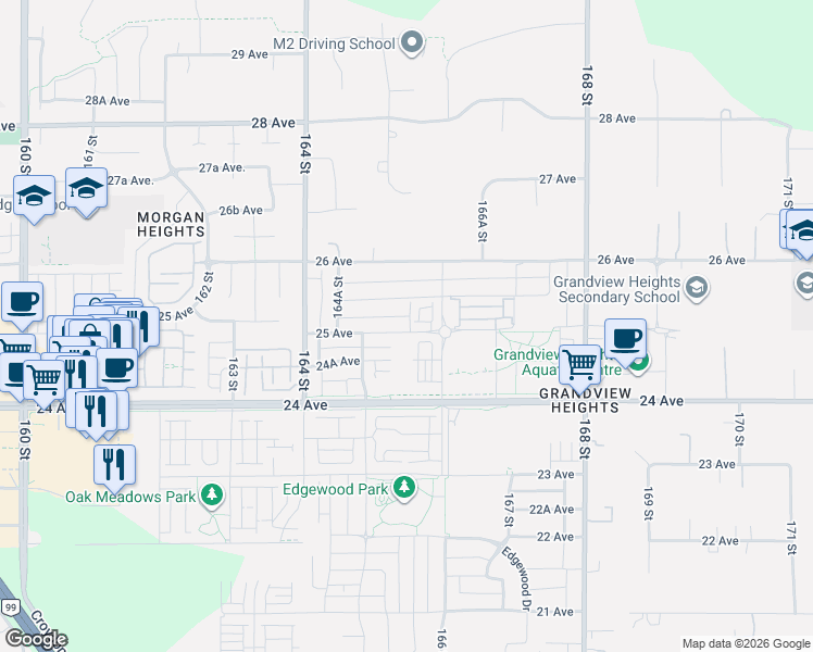 map of restaurants, bars, coffee shops, grocery stores, and more near 16530 25 Avenue in Surrey