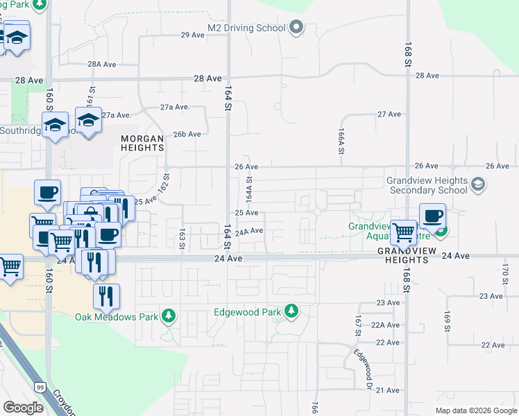 map of restaurants, bars, coffee shops, grocery stores, and more near 16467 25 Avenue in Surrey