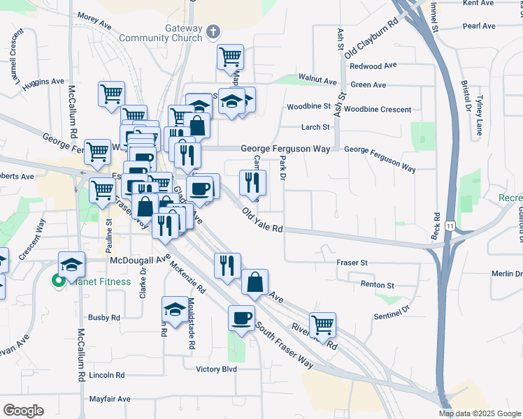 map of restaurants, bars, coffee shops, grocery stores, and more near 2522 Campbell Avenue in Abbotsford
