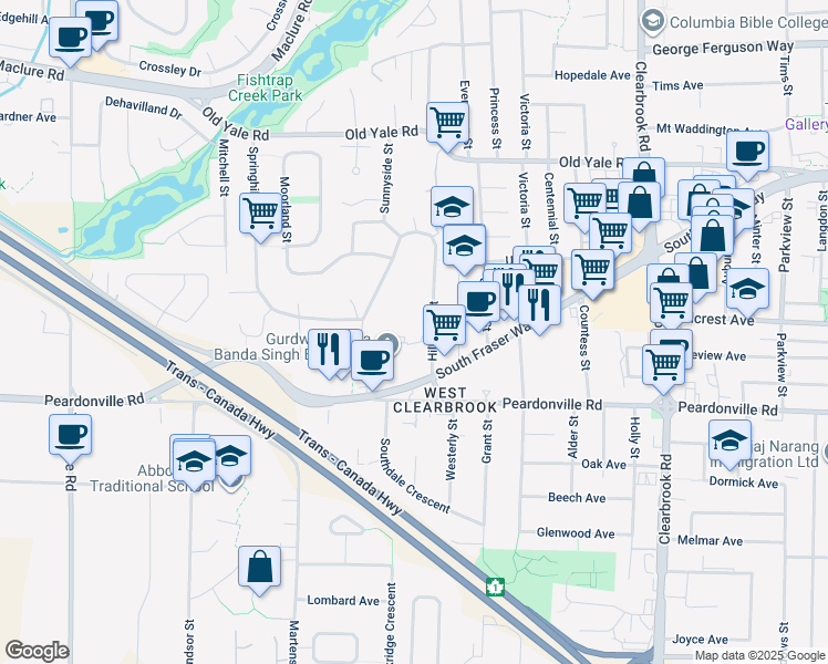 map of restaurants, bars, coffee shops, grocery stores, and more near 2485 Hill Tout Street in Abbotsford
