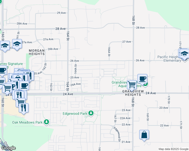 map of restaurants, bars, coffee shops, grocery stores, and more near 16589 25 Avenue in Surrey