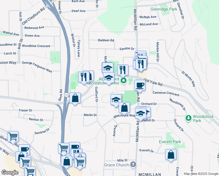 map of restaurants, bars, coffee shops, grocery stores, and more near 34620 Old Yale Road in Abbotsford