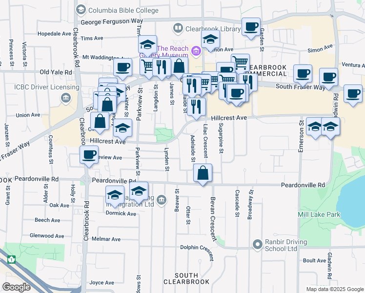 map of restaurants, bars, coffee shops, grocery stores, and more near 2512 James Street in Abbotsford