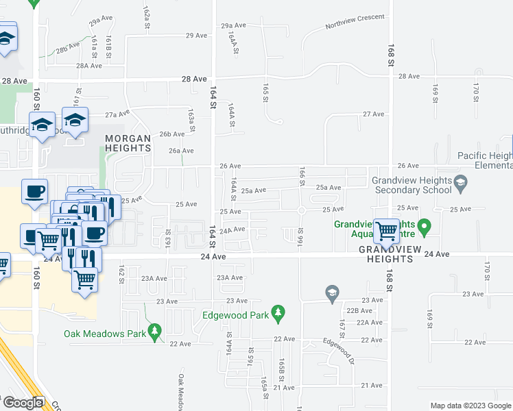 map of restaurants, bars, coffee shops, grocery stores, and more near 16509 25 Avenue in Surrey