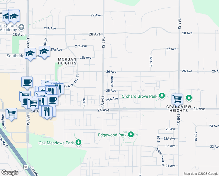 map of restaurants, bars, coffee shops, grocery stores, and more near 2509 164A Street in Surrey