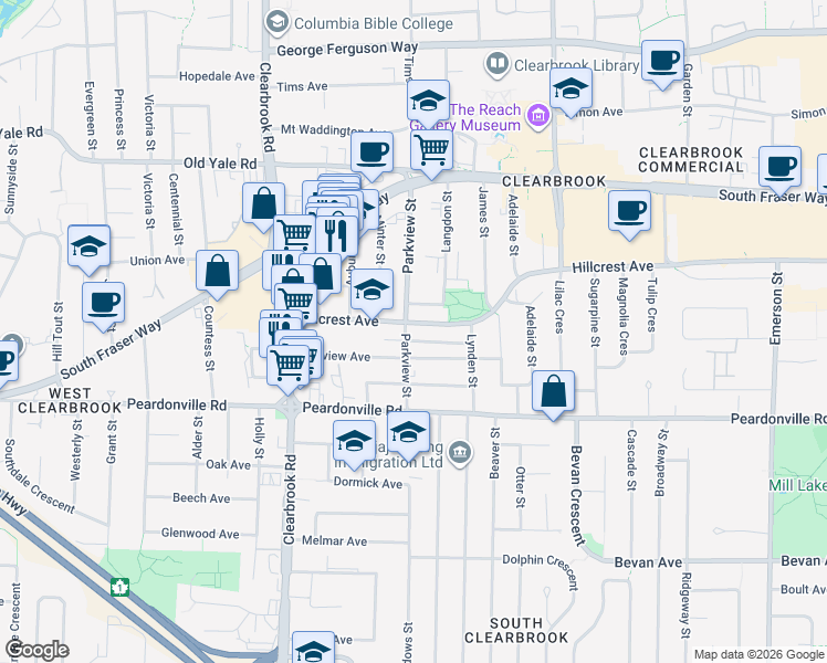 map of restaurants, bars, coffee shops, grocery stores, and more near 32202 Hillcrest Avenue in Abbotsford