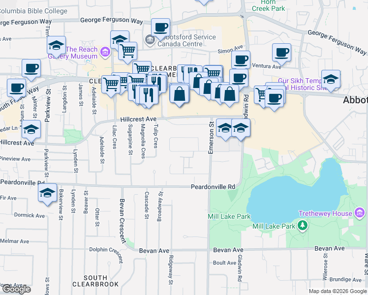 map of restaurants, bars, coffee shops, grocery stores, and more near 32611 Hollywood Avenue in Abbotsford