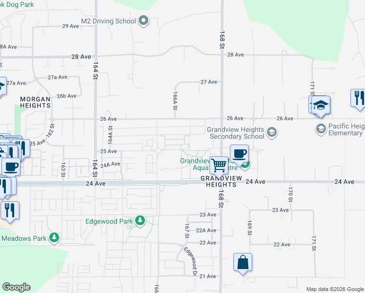 map of restaurants, bars, coffee shops, grocery stores, and more near 16685 25 Avenue in Surrey