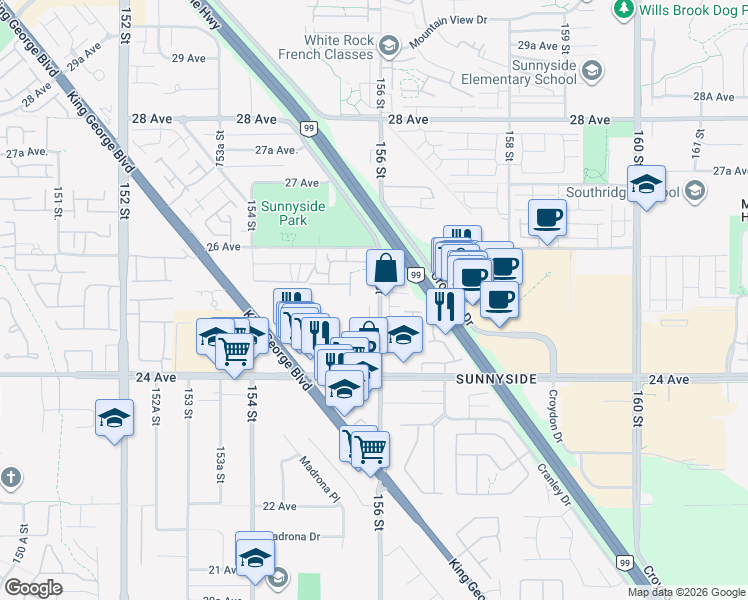 map of restaurants, bars, coffee shops, grocery stores, and more near 2525 156 Street in Surrey
