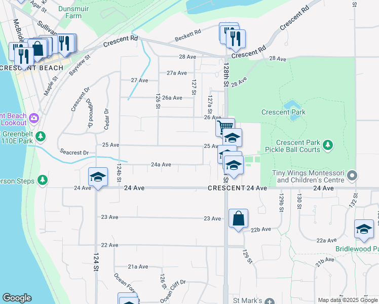 map of restaurants, bars, coffee shops, grocery stores, and more near 12690 25 Avenue in Surrey