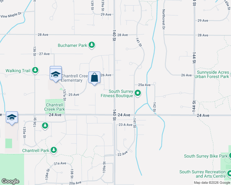 map of restaurants, bars, coffee shops, grocery stores, and more near 2515 140 Street in Surrey
