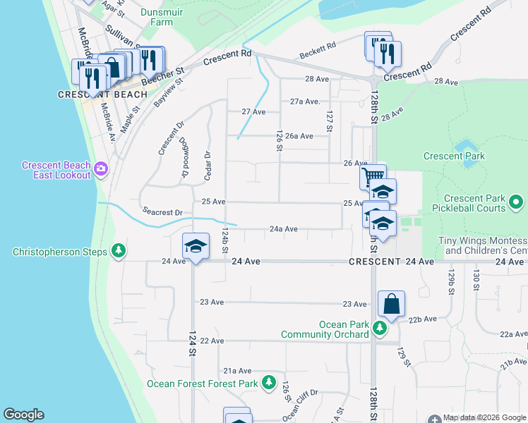 map of restaurants, bars, coffee shops, grocery stores, and more near in Surrey