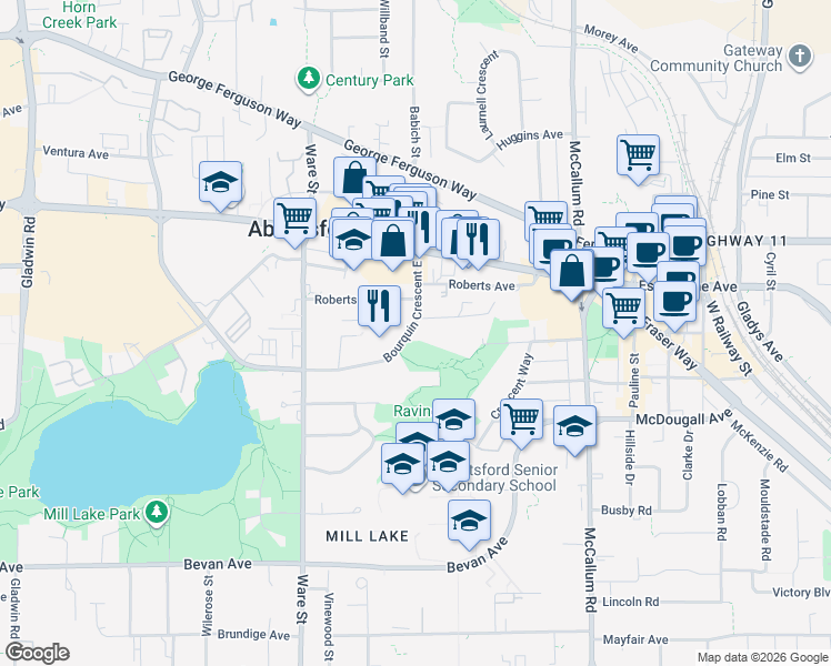 map of restaurants, bars, coffee shops, grocery stores, and more near 2532 Bourquin Crescent East in Abbotsford