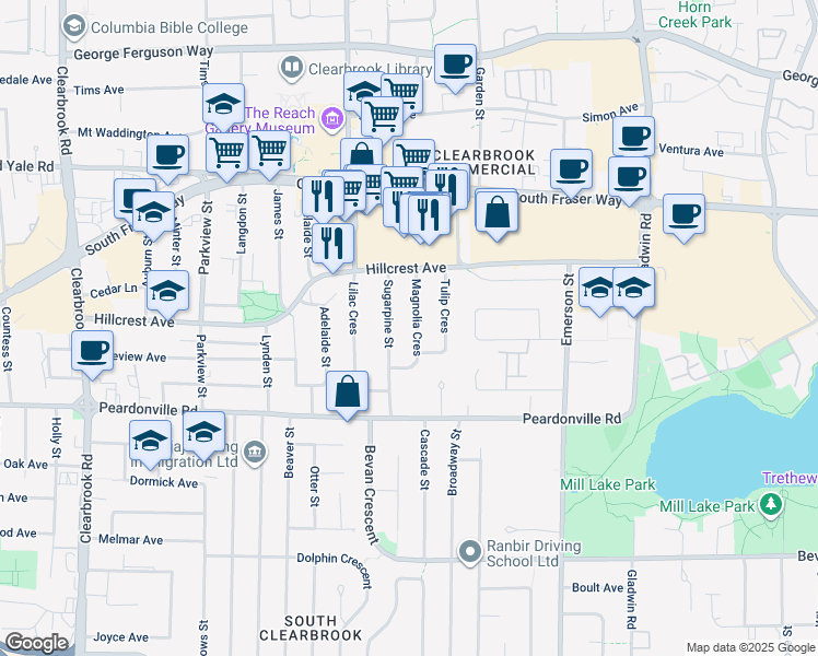map of restaurants, bars, coffee shops, grocery stores, and more near 2519 Magnolia Crescent in Abbotsford