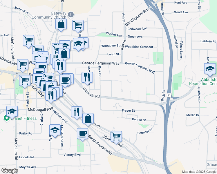 map of restaurants, bars, coffee shops, grocery stores, and more near 34093 Spruce Street in Abbotsford