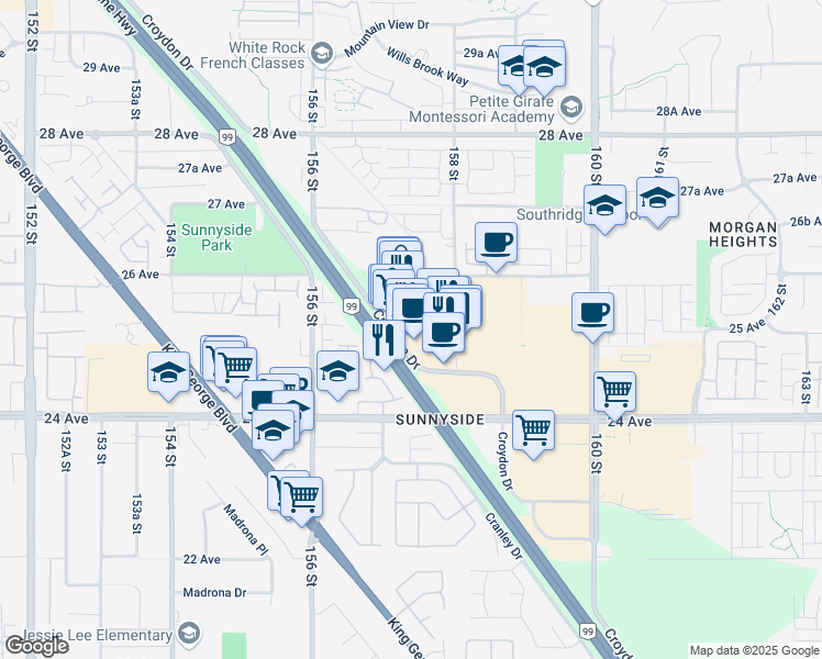 map of restaurants, bars, coffee shops, grocery stores, and more near 10287 Main Street in Surrey