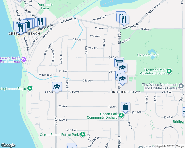 map of restaurants, bars, coffee shops, grocery stores, and more near 12632 25 Avenue in Surrey